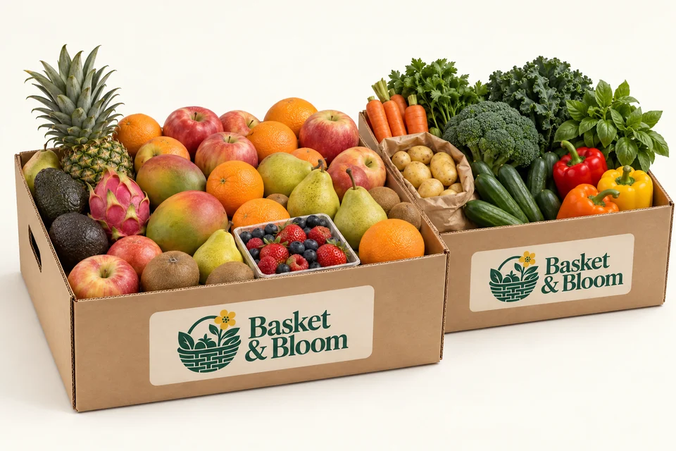 Daily Harvest: an illustrative seasonal fruit and vegetable assortment in a branded Basket & Bloom delivery box
