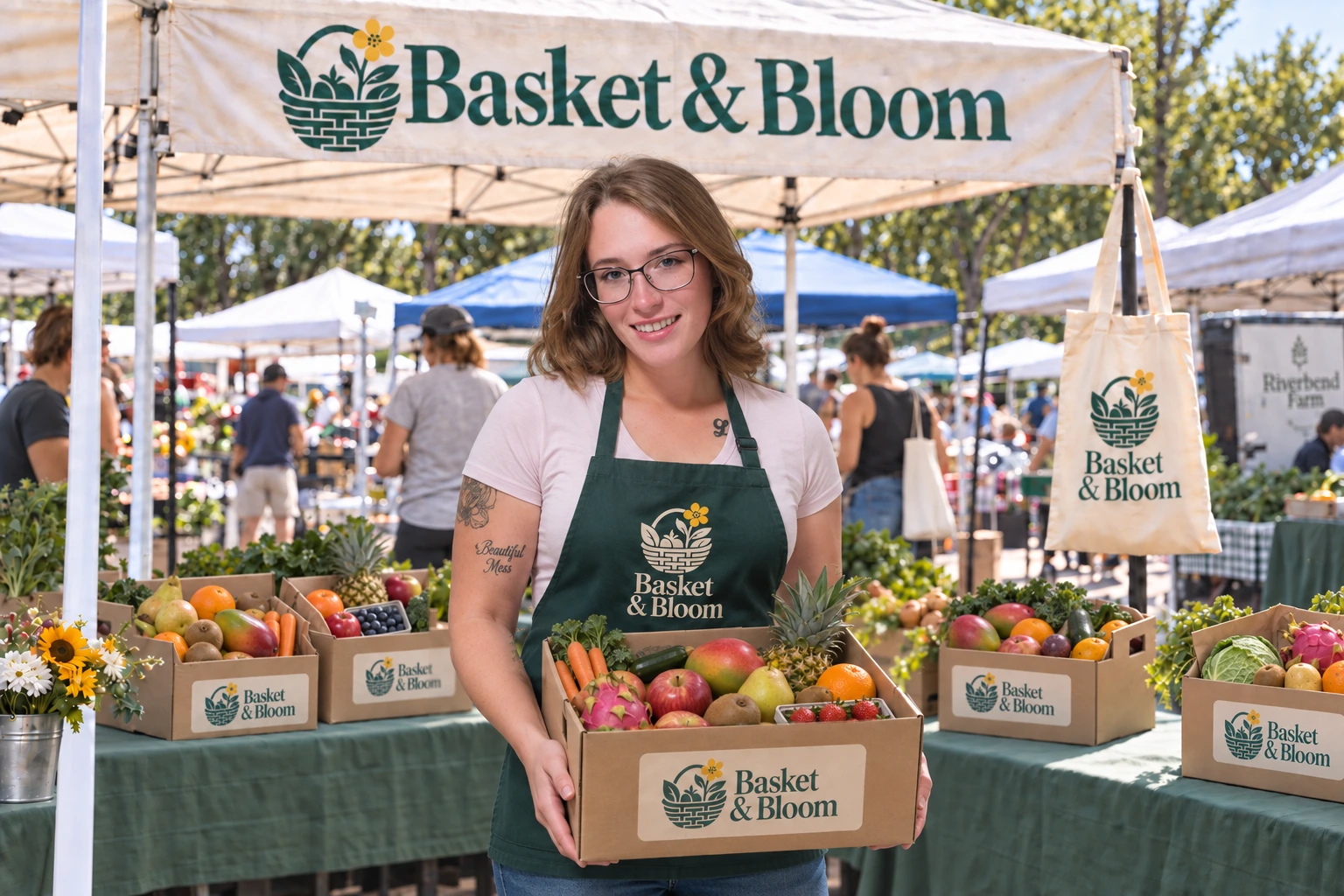 Basket & Bloom’s owner holding a branded box of fruit and vegetables at a farmers market